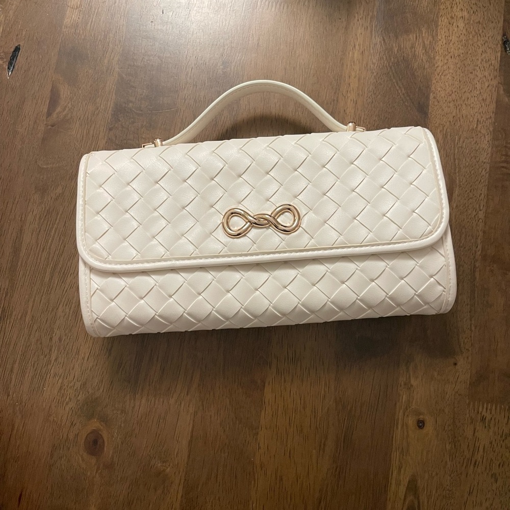 A New Day White Woven Clutch with Gold Detail